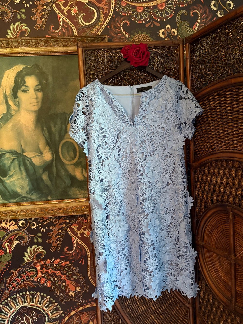Abbey Glass Blue Floral Lace Cocktail Dress S Elegant Garden Party Sheath